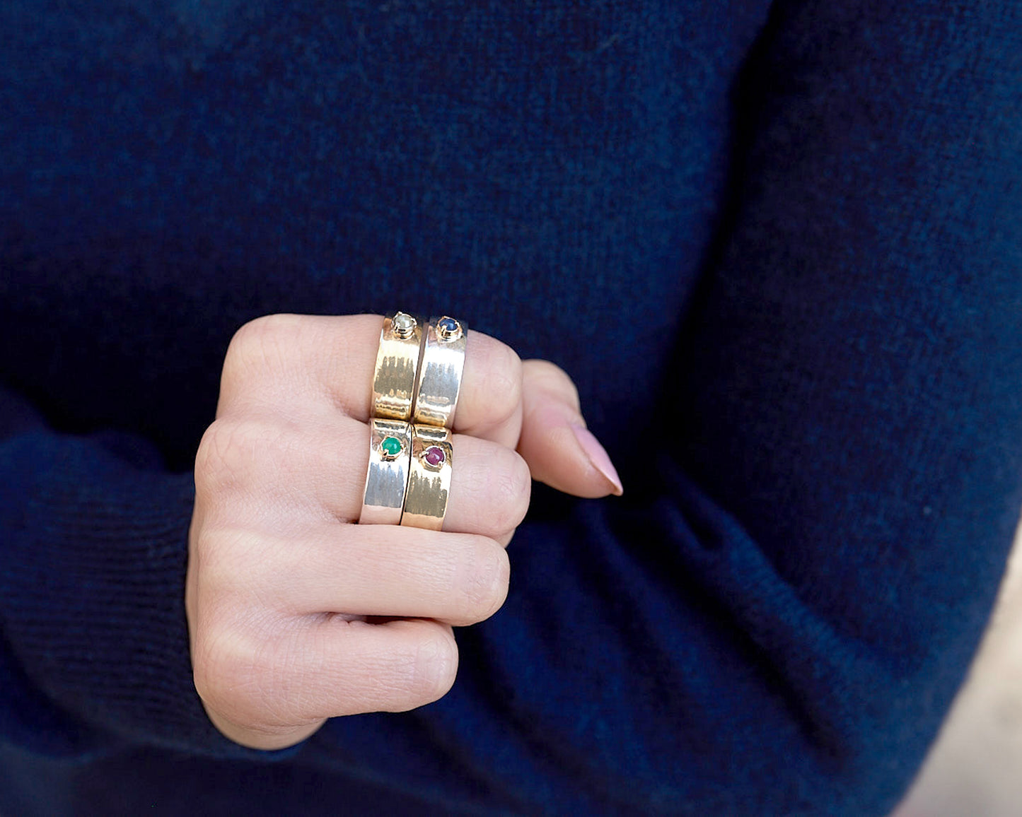 "Liquid Metal" 14K Yellow Gold Wide Hammered Band with Natural Rose Cut Diamond