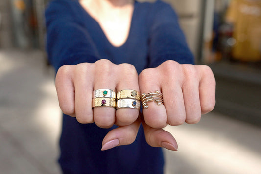 "Liquid Metal" Sterling Silver Wide Hammered Band "Claw" Ring with Natural Rose Cut Ruby or Emerald